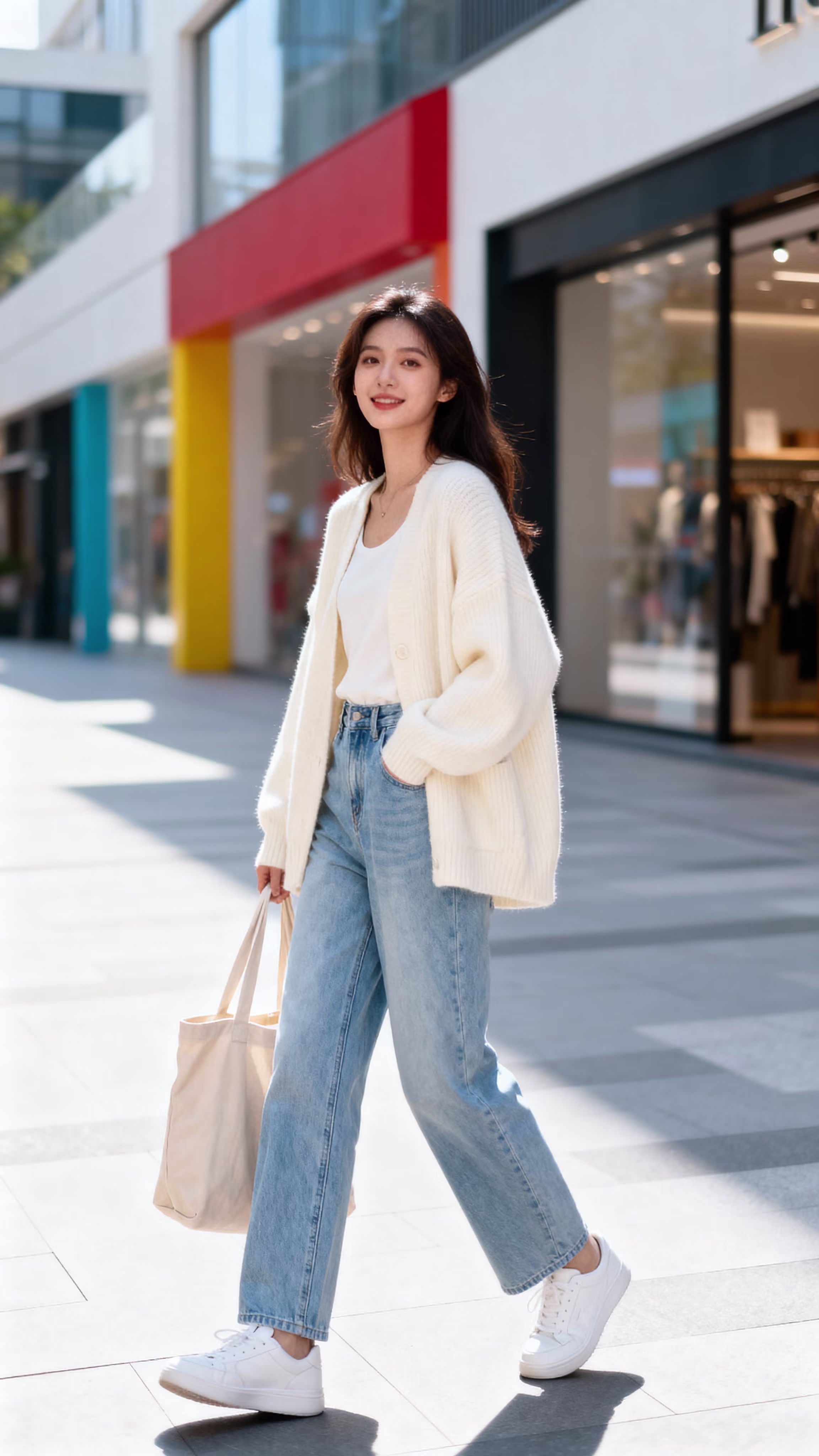Casual street outfit ideas with cardigan and jeans for shopping